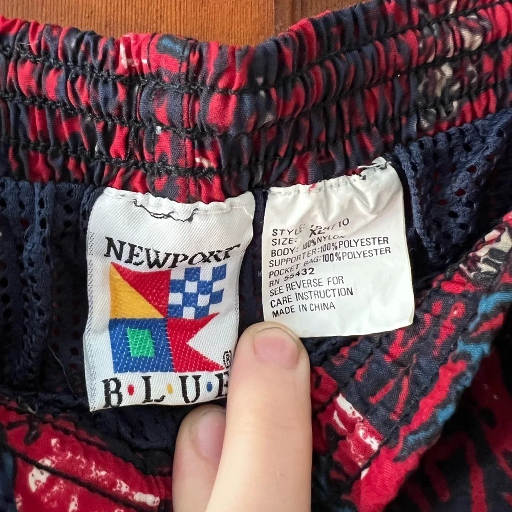 Vintage Newpork Blue Nylon Swim Shorts XL – Red & Teal Abstract Print Mesh Lined